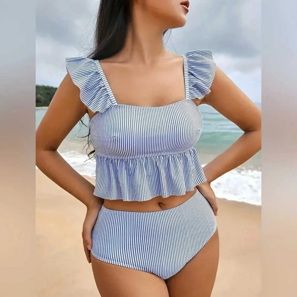 Blue & White Pinstripe Ruffle Two-Piece Bikini Set | High Waist | NWT - Picture 3 of 4